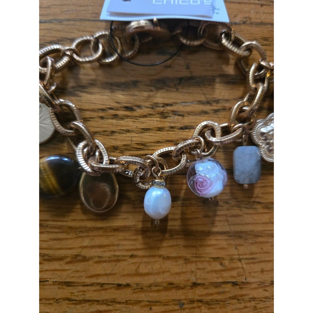 Chico's Gold Tone Multi Charm Chain Bracelet Bead Crystal Women's - Picture 2 of 6